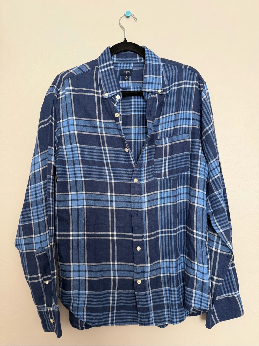 J. Crew Men's Navy and Light Blue Plaid Button-Down Shirt